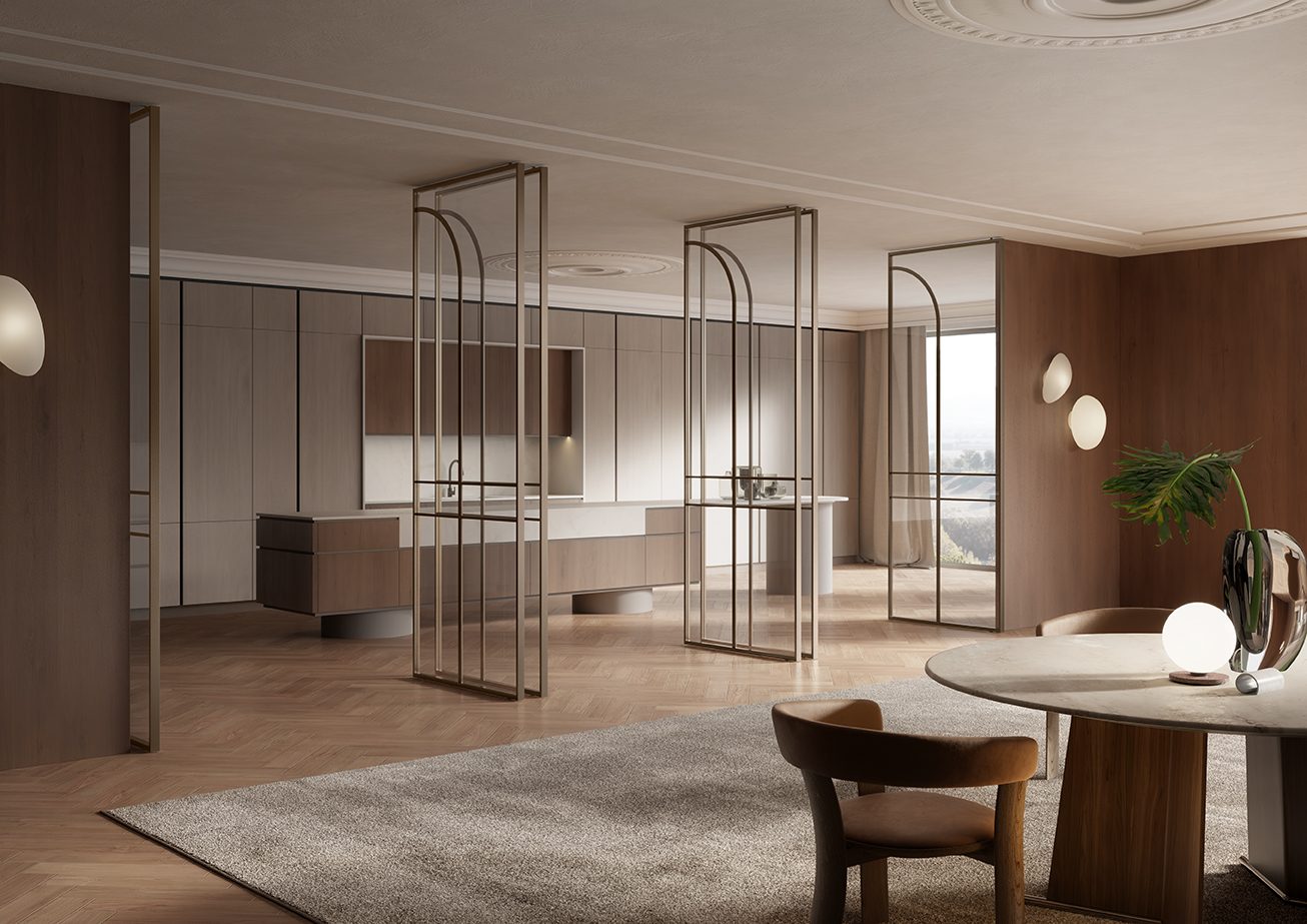 Continuitate Barausse cu boiserie Noce, profile bronzo, sistem pivot