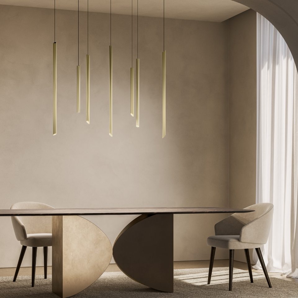 Masiero Na-Ar deasupra mesei de dining, linii verticale de lumină caldă