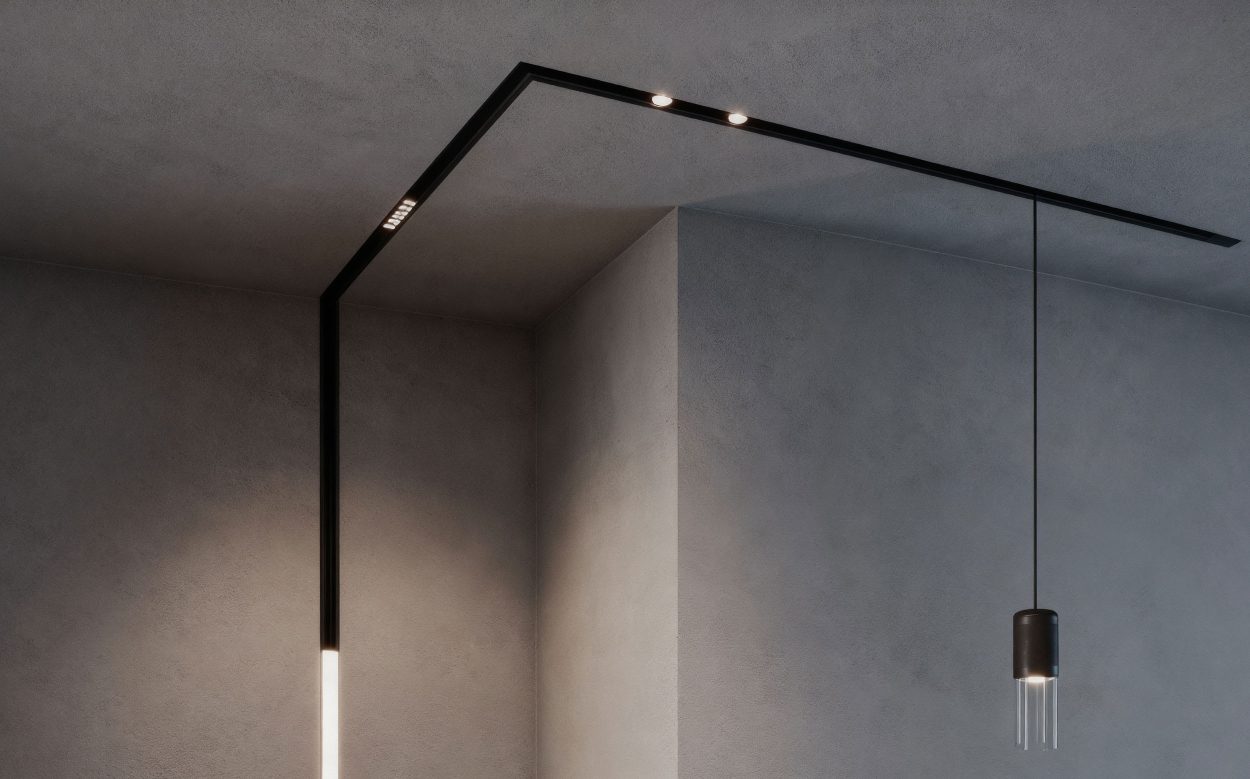 Vibia Tango, șină compactă pe tavan și perete cu spoturi și modul pendant